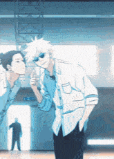 two anime characters are standing next to each other