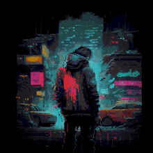 a pixel art painting of a man standing in front of a city