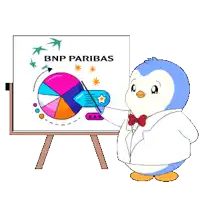 a penguin in a lab coat stands in front of a green board with white stars on it