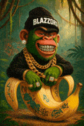 a monkey wearing a beanie that says blazzard holds a banana