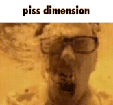 a statue of a man wearing glasses and a mask with the words `` piss dimension '' written on it .