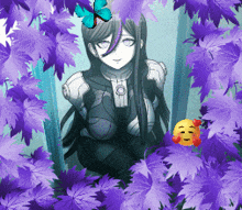 a girl is surrounded by purple leaves and a butterfly