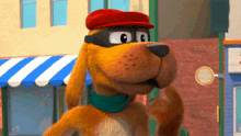a cartoon dog wearing a red hat and glasses
