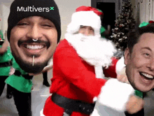 a man wearing a black multivers hat stands next to a man in a santa suit