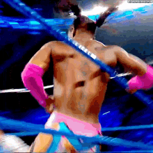 a wrestler in a pink and blue outfit is standing in a ring .