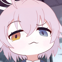 a close up of a cartoon character with pink hair and orange eyes