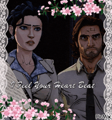 a picture of a man and a woman with the words " i feel your heart beat " on the bottom