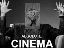 a poster for absolute cinema shows a man with a cartoon character in front of his face