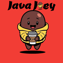 a cartoon of a bean holding a cup of coffee with the words java jey written on the bottom