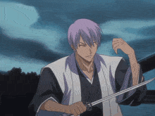 a man with purple hair holds a sword in his right hand