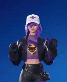 a girl with purple hair wearing a white hat