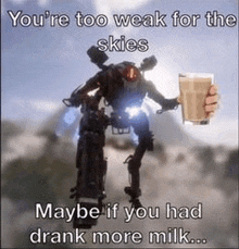 a robot is holding a glass of milk in his hand and a meme .