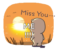 a cartoon bear says " miss you me " while looking at a sunset