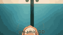 a cartoon of a girl hanging upside down with the words gm amir dd written on the bottom