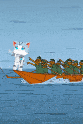 a cartoon of a cat in a space suit giving a thumbs up while rowing a boat