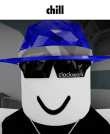 a cartoon character wearing a blue hat and sunglasses with the word chill on the bottom