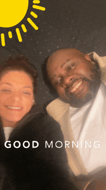 a man and a woman are posing for a picture with the words good morning written below them
