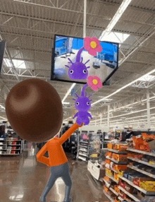 a cartoon character in a store with purple flowers