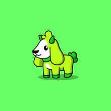 a cartoon drawing of a goat with green horns and wings