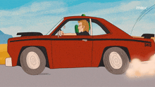 a cartoon drawing of a man driving a red car with the number 340 on the side
