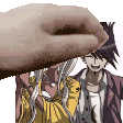 a hand is holding a picture of a man and woman .