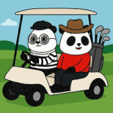 two panda bears are driving a golf cart