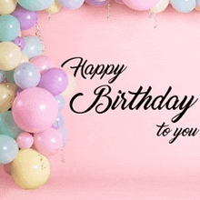 a pink background with balloons and the words `` happy birthday to you '' on it .