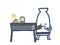 a cartoon drawing of a bottle holding a kebab