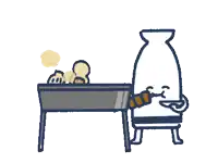 a cartoon drawing of a bottle holding a kebab