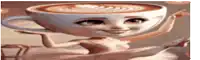a woman is holding a cup of coffee with a face on top of it .
