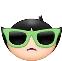 a cartoon character wearing green sunglasses and a sad face