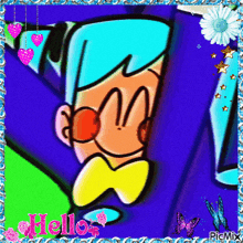a picture of a cartoon character with the word hello on the bottom right
