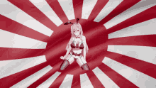 a girl in a bikini is sitting in front of a red and white striped background