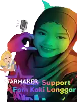 a girl in a hijab is holding a microphone with the words starmaker support fan kaki langgar on the bottom