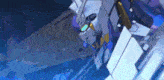 a robot is flying through the air with a purple and yellow head .