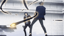 a man in a suit is holding a sword while another man stands behind him