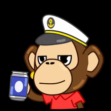 a cartoon monkey is wearing a captain 's hat and holding a blue can