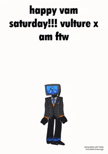 a cartoon of a man in a suit dancing with the words happy vam saturday vulture x am fw