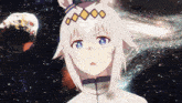 a girl with white hair and blue eyes stands in front of a starry sky