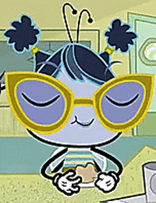 a cartoon character wearing glasses and pigtails is sitting at a table .