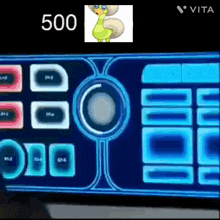 a screen with a picture of a cartoon character and the number 500