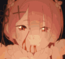 a drawing of a girl with pink hair and red eyes