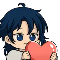 a cartoon character with blue hair is holding a red heart in his hands