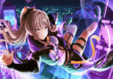 a girl with a cat ear and a ponytail is flying through the air