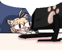 a cartoon cat is peeking out from behind a computer monitor .