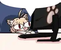 a cartoon cat is peeking out from behind a computer monitor .