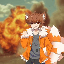 a cartoon drawing of a fox wearing an orange jacket and a black shirt