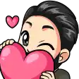 a cartoon of a man holding a heart in front of his face .
