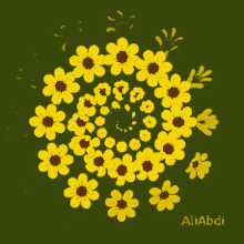 a bunch of yellow flowers with red centers on a green background