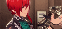 a girl with red hair is holding a clock in her hand